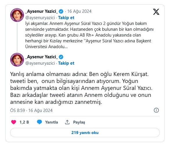 Ayşe Nur Yazici Yogun Bakimda